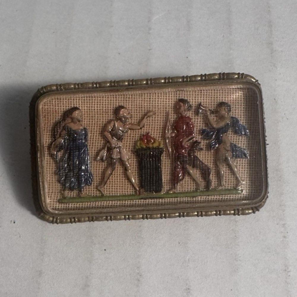 Vintage Rectangular Art Brooch Classical Figures Multicolor No Stone